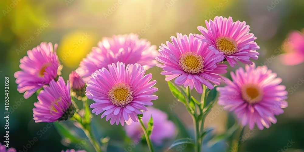 Fototapeta premium Pink flowers of Aster Ruby Buttons blooming in the garden during the morning offer a lovely garden display from late summer to autumn, reflecting home decoration and environmental themes.