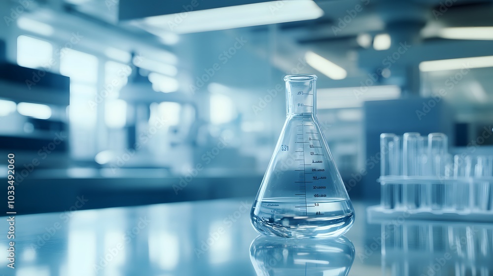 Erlenmeyer Flask with Clear Liquid in a Laboratory Setting Erlenmeyer Flask with Clear Liquid in a Laboratory Setting