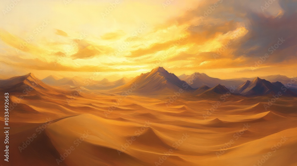 Serene desert landscape with towering sand dunes and a golden sunset painting the sky Serene desert landscape with towering sand dunes and a golden sunset painting the sky