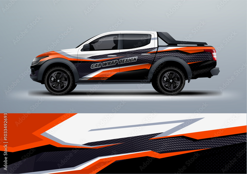 car truck double cabin branding sport rally dakar touch of black white , mockup with racing wrap decal or livery design. car truck double cabin branding sport rally dakar touch of black white , mockup with racing wrap decal or livery design.