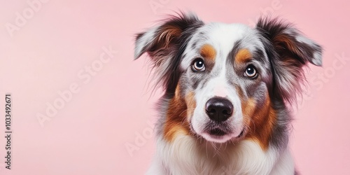 Portrait of an Australian Shepherd dog gazing at the camera against a pink background.