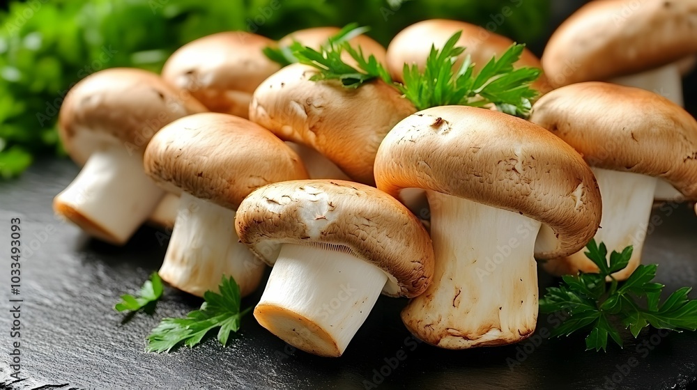 Close-up of fresh white mushrooms with sprigs of parsley on a black background, emphasizing their texture and freshness. Close-up of fresh white mushrooms with sprigs of parsley on a black background, emphasizing their texture and freshness.