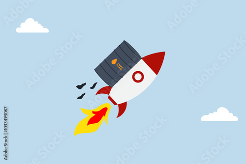 Rocket filled with gallons of crude oil soaring high in the sky serves as a metaphor for increasing prices.