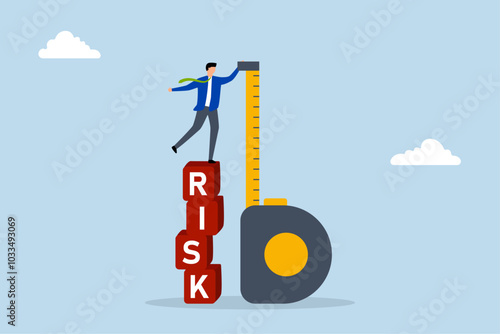Risk assessment, Businessman investor assesses risk by standing on a stack of boxes.