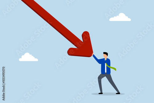 Resilience to survive investment crash, businessman exerting maximum effort to push downward falling arrow.
