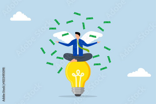 Angel investor, wealthy entrepreneur has a lightbulb moment with angel wings and a stack of cash.