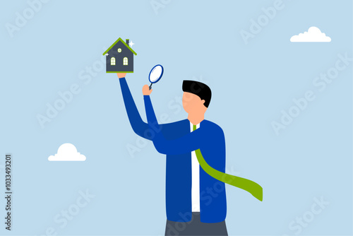 House inspection, Inquisitive businessman examining house details with magnifying glass.