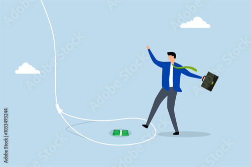 Money trap to trick greed people, greedy businessman attempts to navigate tricky rope trap in order to obtain bundle of money banknotes.