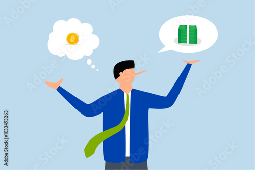 Exaggeration lying about investment profit, Businessman deceives by boasting about large profits while actually focusing on small amounts of money.