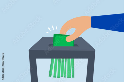 Money shred bad investment, businessperson is manually inserting banknotes into a shredder in order to destroy them, resulting in the loss of all their wealth.