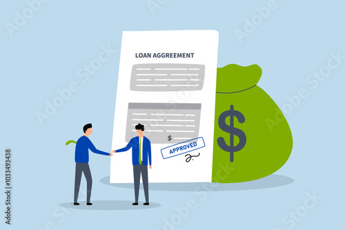 Loan agreement borrow money from bank, businessman is shaking hands while holding a loan agreement and a bag of money.
