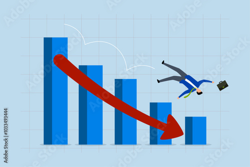 Stock market plunged falling down, Businessman investor falls to the ground after slipping on a stock market graph.