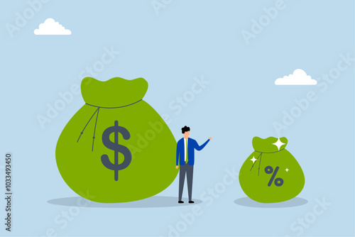 Commission payment, Businessman stands holding a bag of money and his commission.