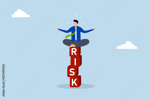 Risk management,  businessman investor calmly focuses on a pile with the word RISK while meditating.