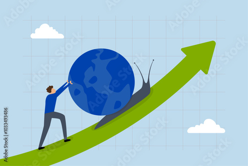 Global economic slowdown, businessman is using a slow snail to represent the gradual growth of GDP in the world economy.