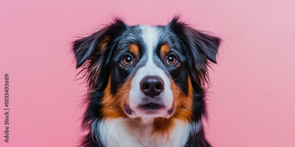 Portrait of an Australian Shepherd dog gazing at the camera against a pink background. Portrait of an Australian Shepherd dog gazing at the camera against a pink background.