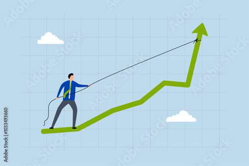 Increase sales or investment profit,  Entrepreneur exerting maximum effort to boost performance graph upward.