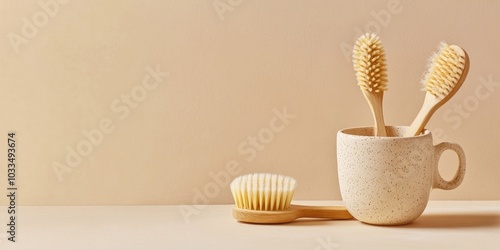 Kitchen dish brushes on a beige background, viewed from the side, with copy space. Small mug made from ecologically friendly clay material, alongside an eco-friendly bath accessory.