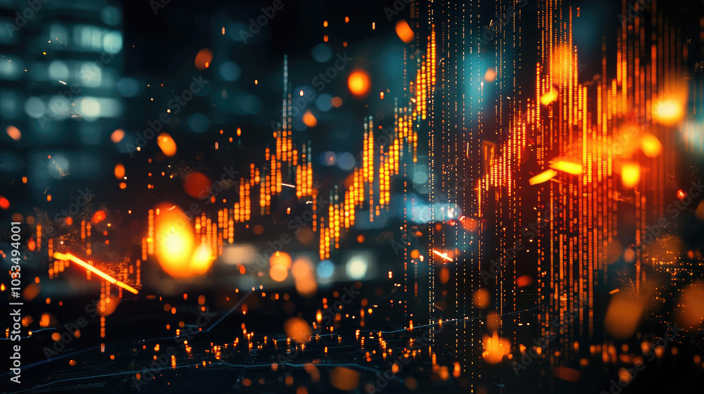 Fototapeta premium A vibrant abstract representation of financial data, showcasing glowing charts against a dark background with sparkles, ideal for finance or technology themes.