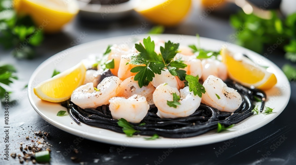 Delicious Black Spaghetti with Shrimp and Lemon Garnish Delicious Black Spaghetti with Shrimp and Lemon Garnish