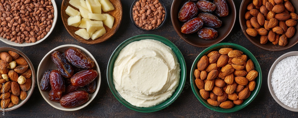 A colorful arrangement of various nuts dried fruits and a creamy dip presented in bowls on a dark surface perfect for a healthy snack or party platter A colorful arrangement of various nuts dried fruits and a creamy dip presented in bowls on a dark surface perfect for a healthy snack or party platter