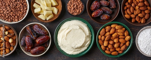 A colorful arrangement of various nuts dried fruits and a creamy dip presented in bowls on a dark surface perfect for a healthy snack or party platter