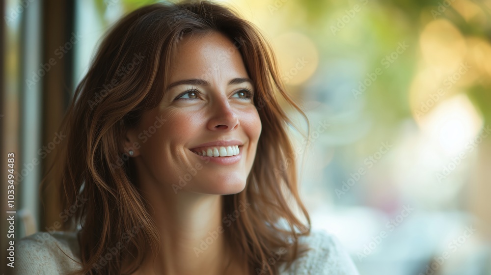 Obraz premium Smiling woman with brown hair, natural light, soft background, warm atmosphere