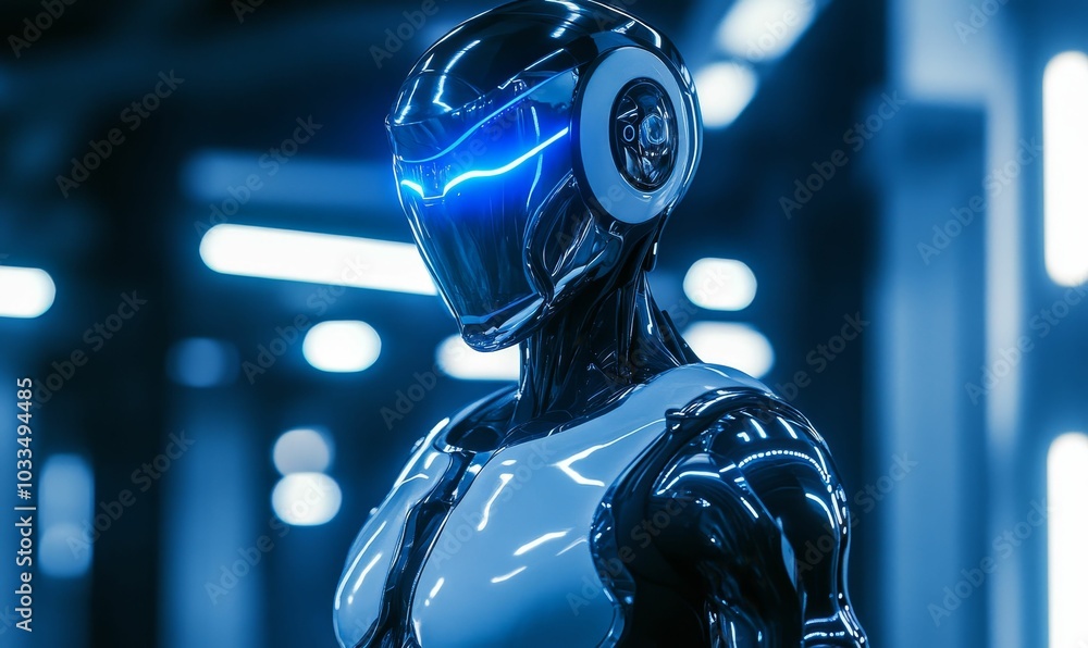 Shiny robot with blue lights in a dark room. Shiny robot with blue lights in a dark room.