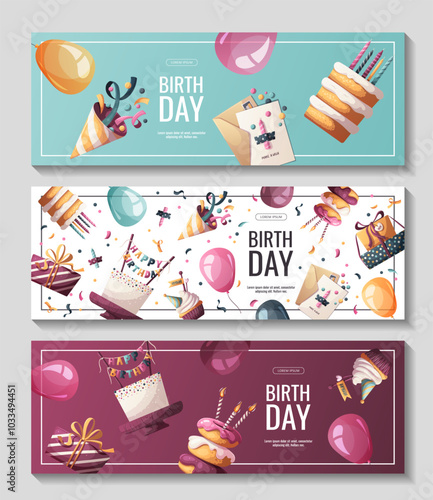 Set of banner with Birthday cakes, gifts, party hat, donuts, cupcake. Birthday party, celebration, congratulations, invitation concept. Vector illustration for promo, advertising, banner. 