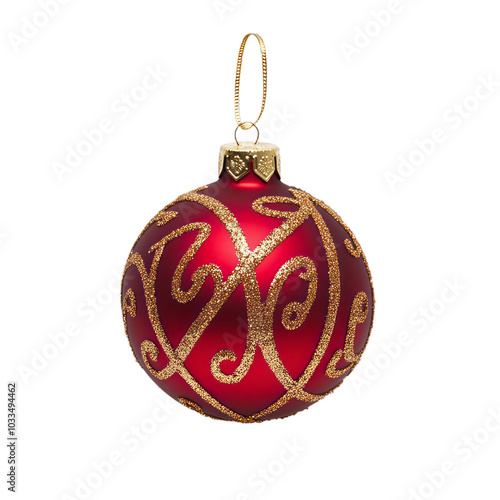 Red and gold Christmas bauble with glittery swirls and ribbon attached isolated on a transparent background 