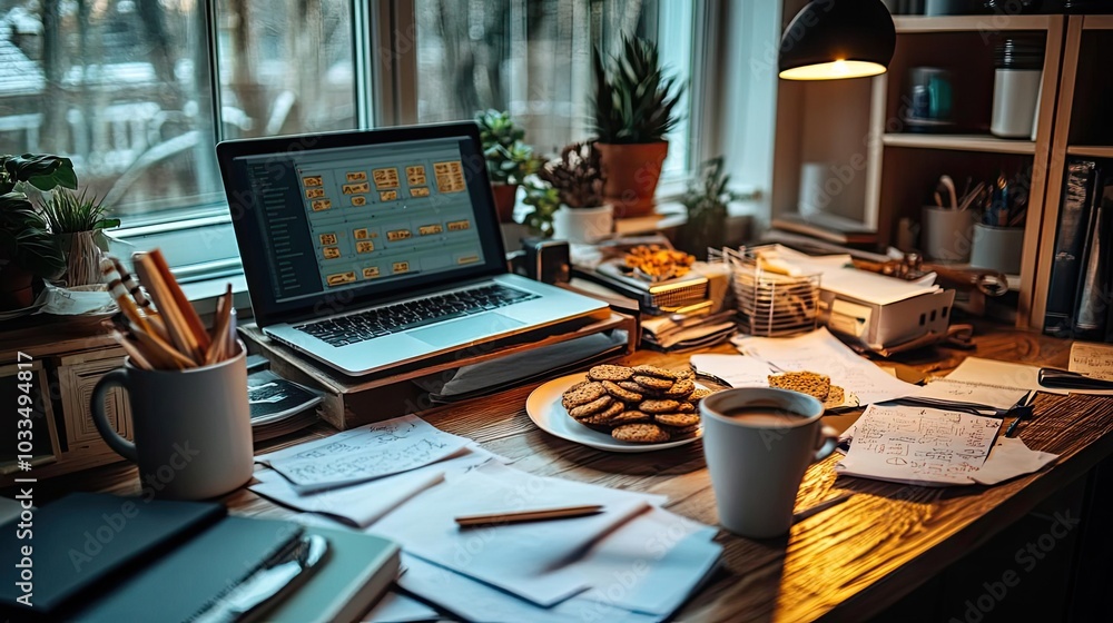 Fototapeta premium A remote worker's cluttered desk, with coffee cups, snacks, and papers scattered around