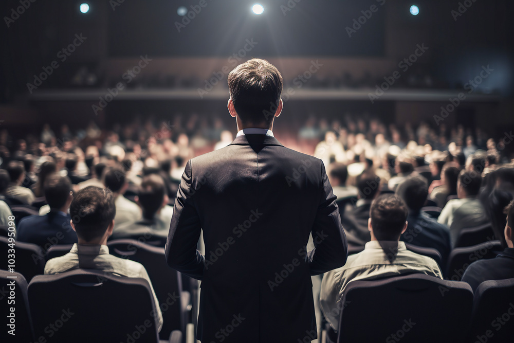 generated illustration back view of motivational speaker standing on stage in front of audience. generated illustration back view of motivational speaker standing on stage in front of audience.