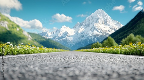 Blank minimalist billboard on the side of a highway with a serene panoramic mountain landscape in the background  Provides clean simple copy space for advertising marketing or other messaging photo