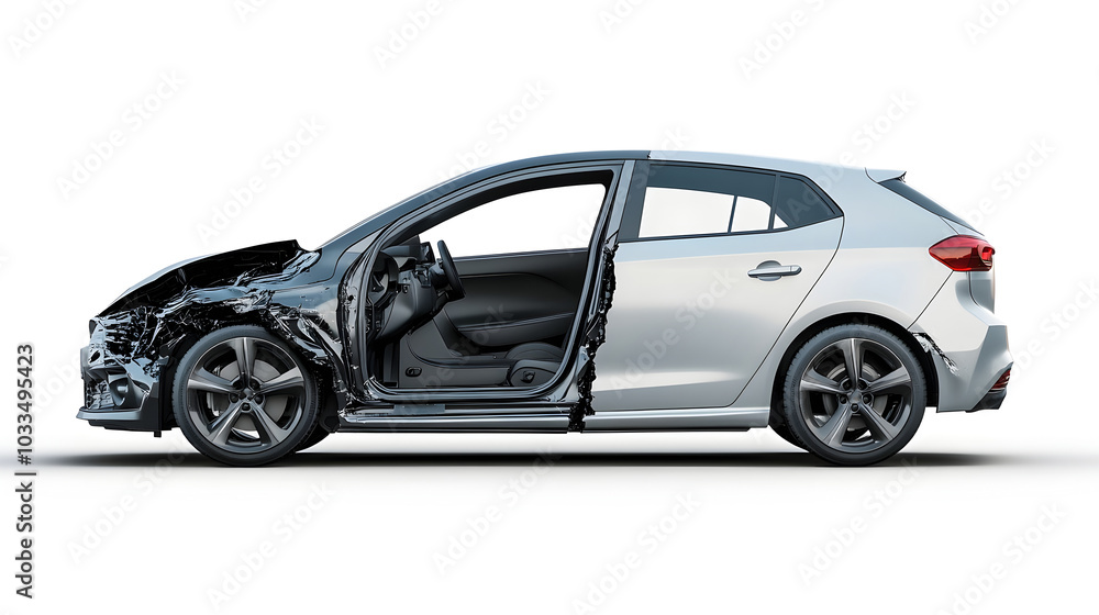 Fototapeta premium Damaged Hatchback Car in Lighting on Isolated Background