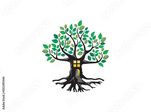 treehouse vector illustration, great tree house logo template, family tree concept.