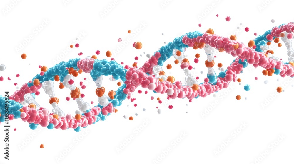 Fototapeta premium Colorful 3D Render of a DNA Double Helix with Scattered Spheres