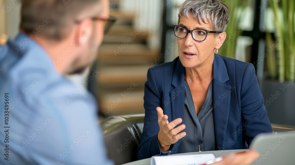 A happy middle-aged professional executive is talking to a recruiter at an interview meeting. A smiling, mature female financial adviser and professional bank manager are consulting clients in the c A happy middle-aged professional executive is talking to a recruiter at an interview meeting. A smiling, mature female financial adviser and professional bank manager are consulting clients in the c