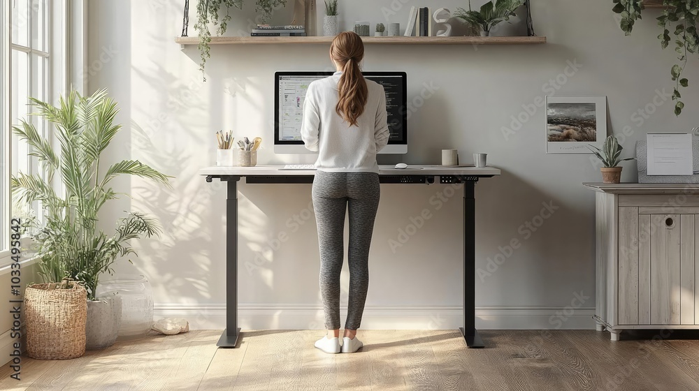A standing desk with a digital monitor, allowing a remote worker to move and stay active A standing desk with a digital monitor, allowing a remote worker to move and stay active