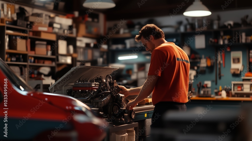 A mechanic works diligently on a car engine in a well-equipped garage during the late afternoon A mechanic works diligently on a car engine in a well-equipped garage during the late afternoon