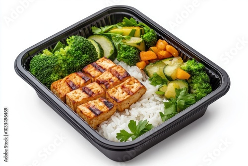 Delicious bento box featuring grilled tofu, fluffy rice, and vibrant stir-fried vegetables for a healthy meal.