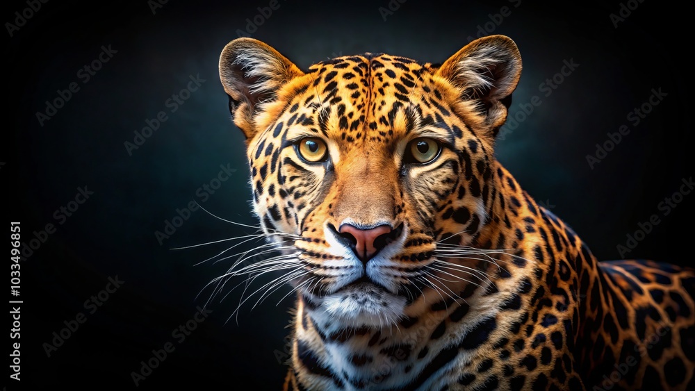 Obraz premium Stunning Leopard Portrait on Dark Background - Majestic Wild Cat Close-Up, Animal Photography, Wildlife Art, Nature, Predator, Exotic Beauty, Big Cat, Natural Habitat