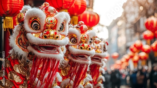 Vibrant Lion Dance Performance Under Shimmering Red Lanterns