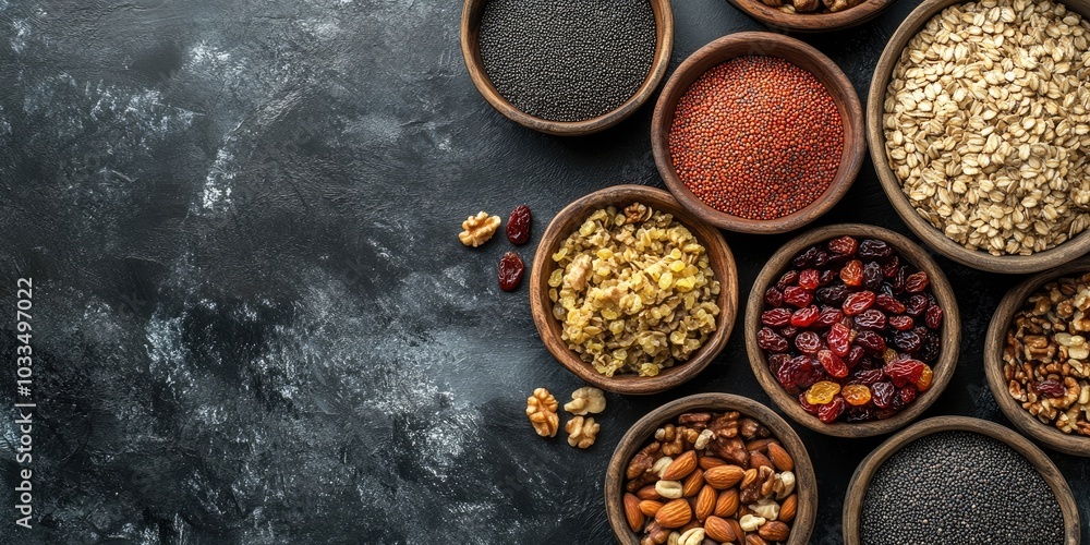 Ukrainian kutia ingredients placed in bowls: wheat, raisins, poppy seeds, walnuts, and dried apples. Top view. Copy space. Ukrainian kutia ingredients placed in bowls: wheat, raisins, poppy seeds, walnuts, and dried apples. Top view. Copy space.