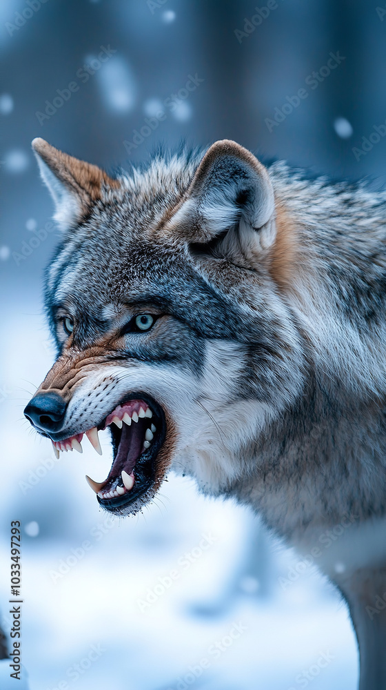 Fototapeta premium Lone Wolf Symbolizing Anger in Cold Wilderness - Tense Posture