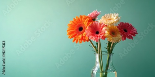 Closeup of a vase containing gerbera flowers against a green background.