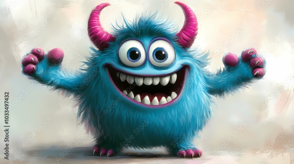Naklejka premium Cheerful blue monster with pink horns and a big smile, exuding playful energy.