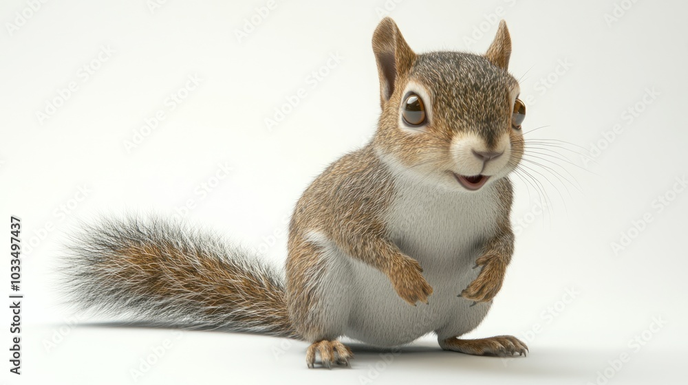 Obraz premium A cute squirrel sitting on a white background, looking directly at the camera.