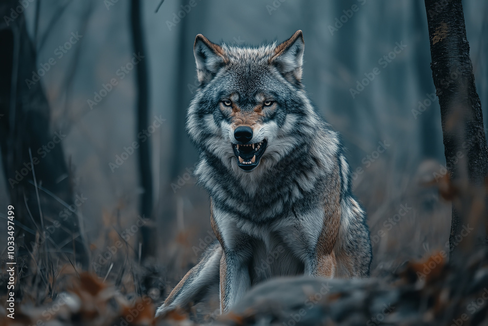 Fototapeta premium Lone Wolf Symbolizing Anger in Cold Wilderness - Tense Posture