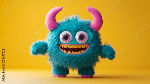 Fluffy blue monster with pink horns and a big smile against a yellow background.