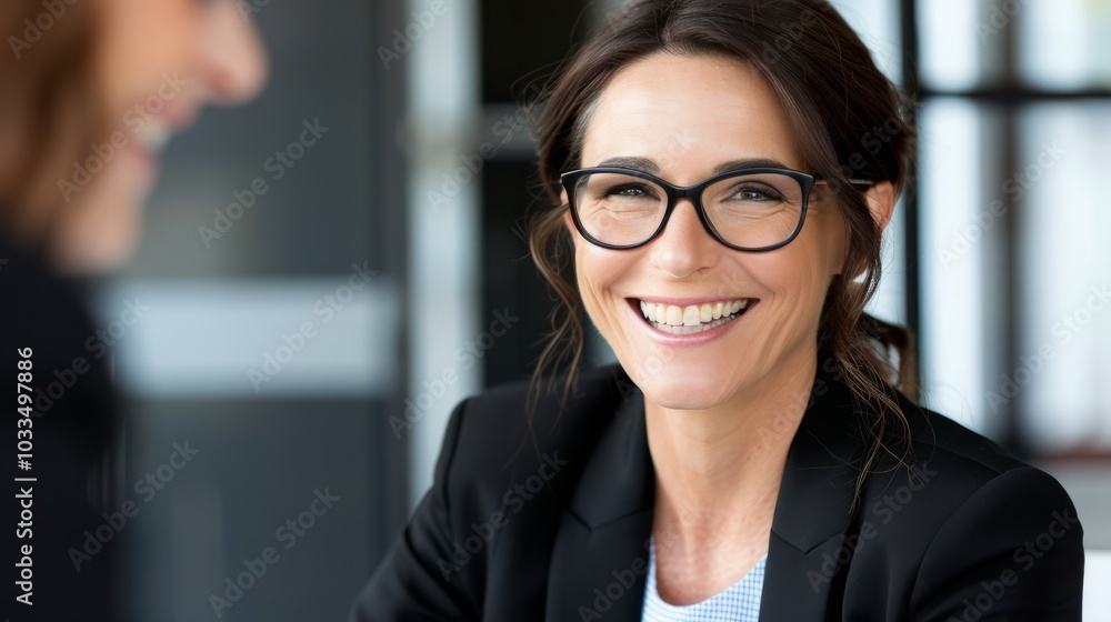 A happy middle-aged professional executive is talking to a recruiter at an interview meeting. A smiling, mature female financial adviser and professional bank manager are consulting clients in the c A happy middle-aged professional executive is talking to a recruiter at an interview meeting. A smiling, mature female financial adviser and professional bank manager are consulting clients in the c